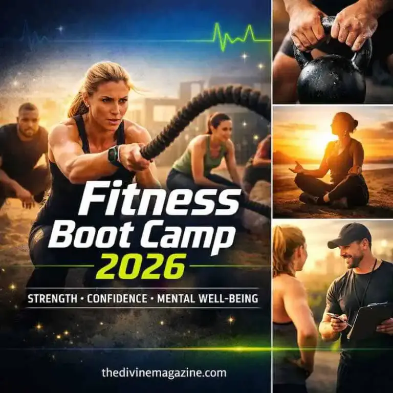 Intense fitness boot camp with diverse exercises for physical and mental health benefits.
