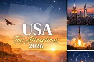 Iconic USA attractions including Grand Canyon, NYC skyline, and space launches for 2026.