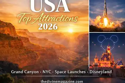 Iconic USA attractions including Grand Canyon, NYC skyline, and space launches for 2026.