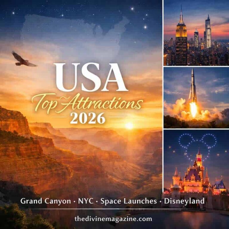 Iconic USA attractions including Grand Canyon, NYC skyline, and space launches for 2026.