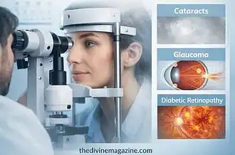 Eye examination for cloudy vision with medical equipment and eye health info.