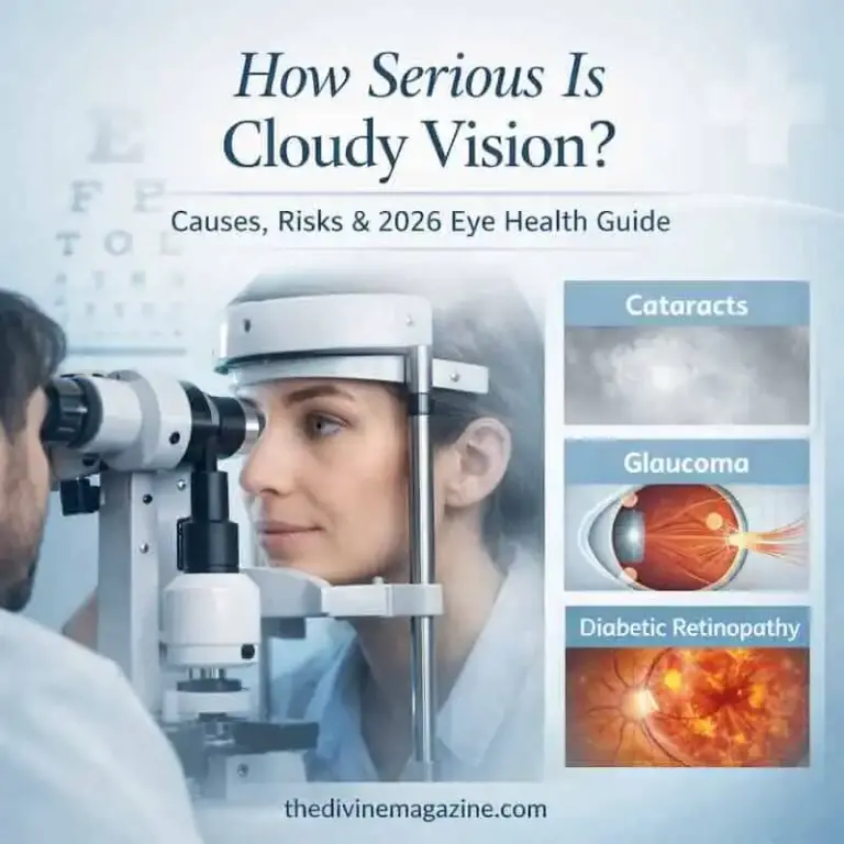 Eye examination for cloudy vision with medical equipment and eye health info.