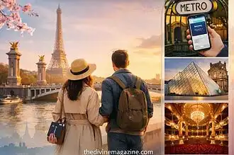 Couple exploring Paris landmarks with Eiffel Tower in background, using metro and visiting theaters.