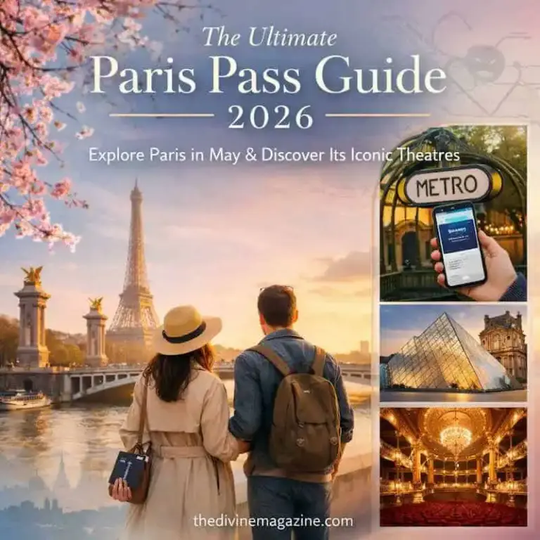 The Ultimate Paris Pass Guide 2026 – Explore Paris in May & Beyond Couple exploring Paris landmarks with Eiffel Tower in background, using metro and visiting theaters.