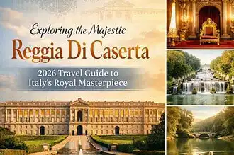 Majestic Reggia Di Caserta palace with lush gardens and fountains in Italy.