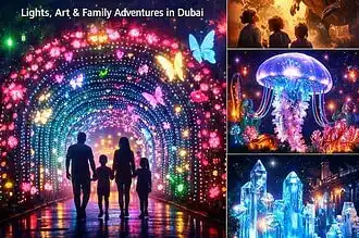 Vibrant family enjoying colorful light installations at Dubai Garden Glow 2026.