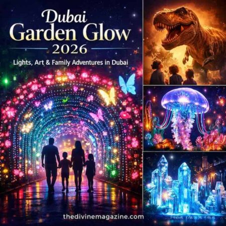 Dubai Garden Glow 2026 – Lights, Art & Family Adventures Vibrant family enjoying colorful light installations at Dubai Garden Glow 2026.