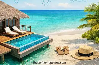 Beautiful Maldives beach with overwater bungalow and lounge chairs.