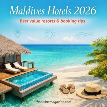 Beautiful Maldives beach with overwater bungalow and lounge chairs.