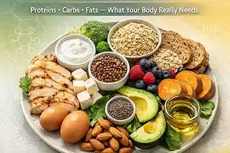 Balanced nutrition infographic highlighting proteins, carbs, and fats for optimal health.