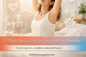 Woman stretching in bed with health icons, promoting wellness and self-care.