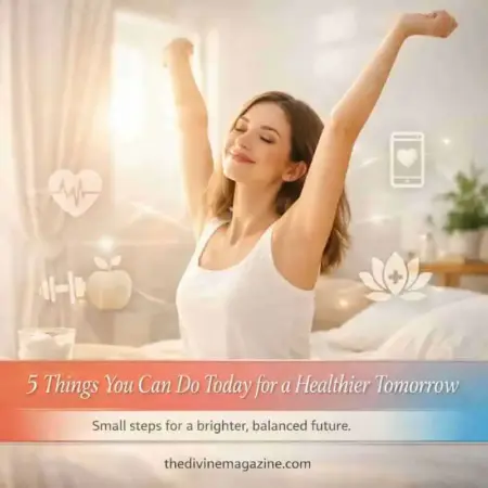 5 things you can do today for a healthier tomorrow Woman stretching in bed with health icons, promoting wellness and self-care.