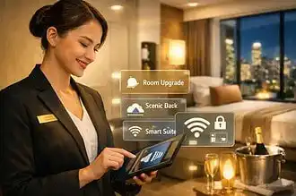 Modern hotel room upgrade with smart technology and scenic views.
