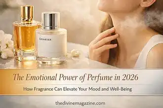 Woman enjoying the scent of perfume, highlighting emotional and mood benefits of fragrances.