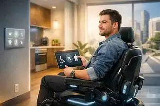 Man in wheelchair using smart home control panel for accessible living.