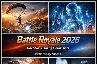 Action-packed battle royale scenes with gaming technology and futuristic elements.