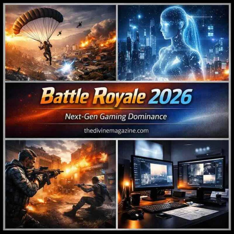 Action-packed battle royale scenes with gaming technology and futuristic elements.