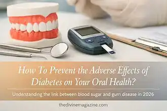 Model of teeth and blood sugar monitor for diabetes oral health care.