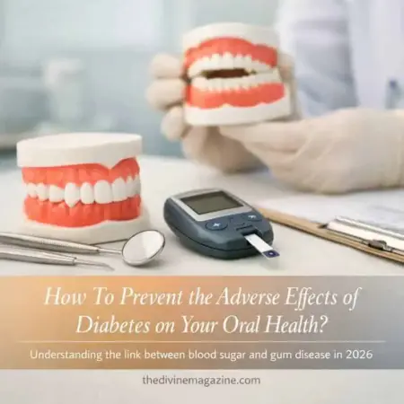 How To Prevent the Adverse Effects of Diabetes on Your Oral Health? Model of teeth and blood sugar monitor for diabetes oral health care.