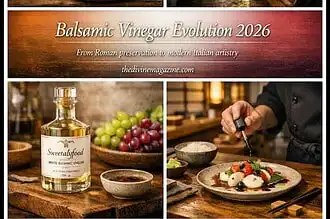 Traditional Italian balsamic vinegar with grapes and culinary uses.