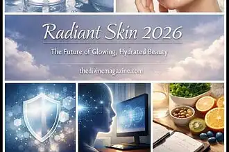 Skincare products and glowing woman for radiant skin tips.