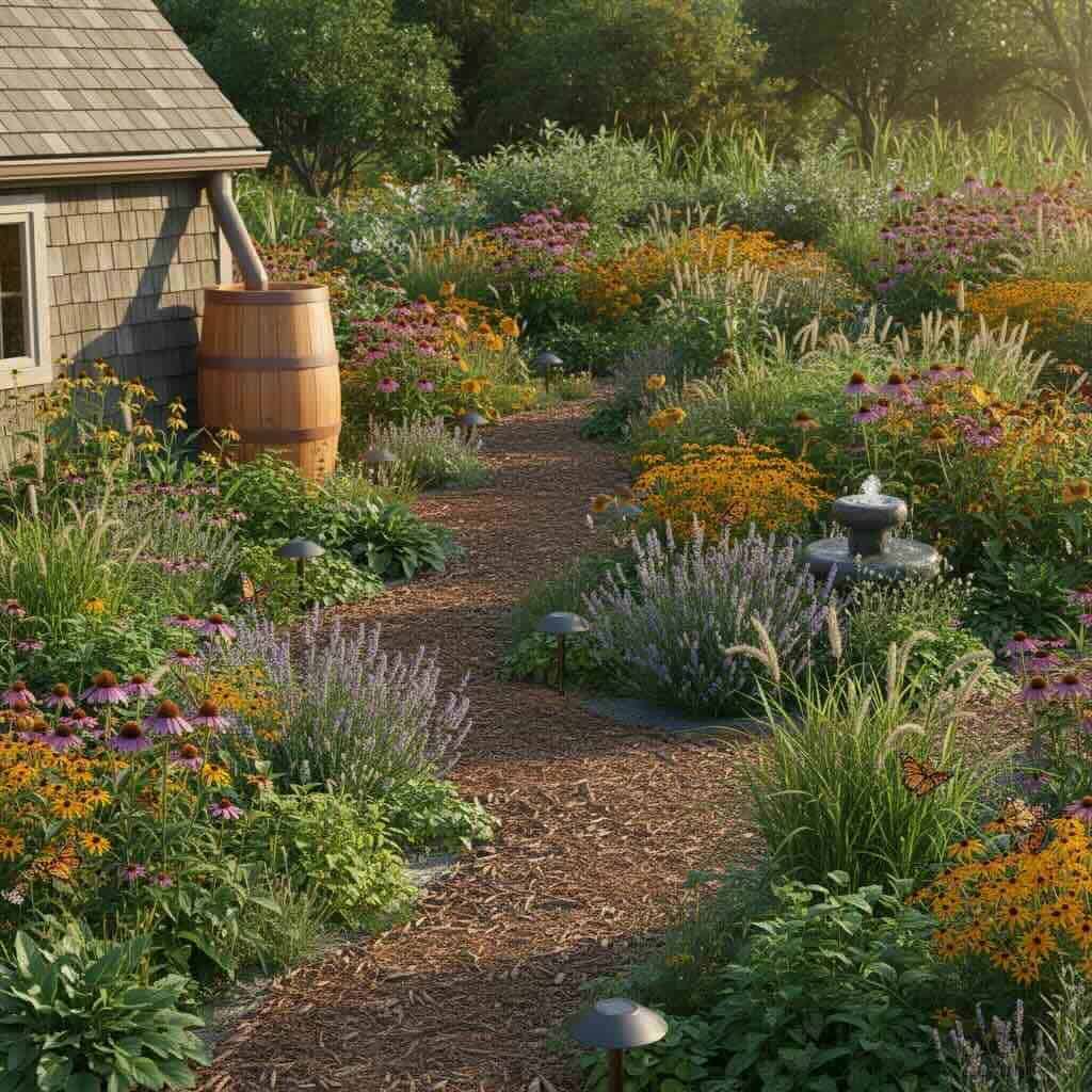 Colorful garden pathway with vibrant flowers and lush greenery, perfect for outdoor relaxation.