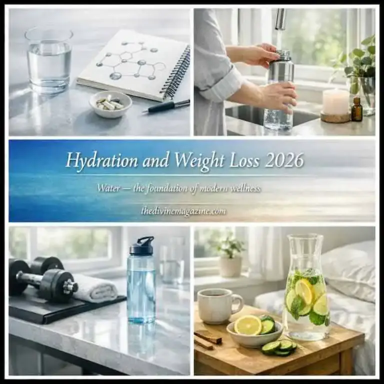 Glass of water with lemon and healthy drinks for hydration and weight loss.