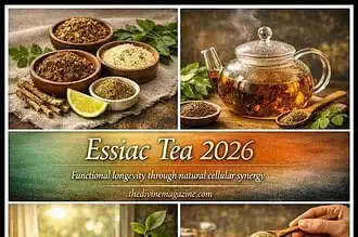 Herbal Essiac tea in bowls and a teapot, promoting natural health benefits.