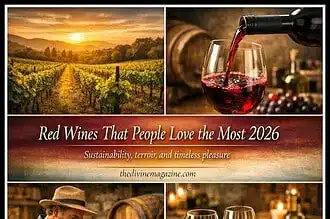 Elegant red wine being poured into a glass at sunset vineyard.