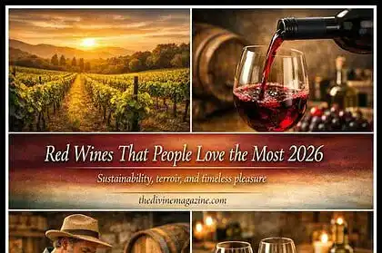 Elegant red wine being poured into a glass at sunset vineyard.