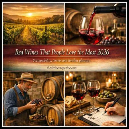 Red Wines That People Love the Most Elegant red wine being poured into a glass at sunset vineyard.