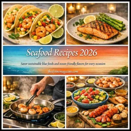 Explore 9 Delicious Seafood Recipes for Any Occasion Delicious seafood dishes including shrimp tacos, grilled salmon, and seafood salad for any occasion.