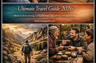 Traveler using a tablet with a map, outdoor gear, and friends enjoying a meal in nature.