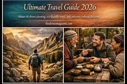 Traveler using a tablet with a map, outdoor gear, and friends enjoying a meal in nature.
