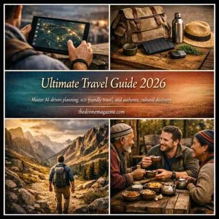 Traveler using a tablet with a map, outdoor gear, and friends enjoying a meal in nature.