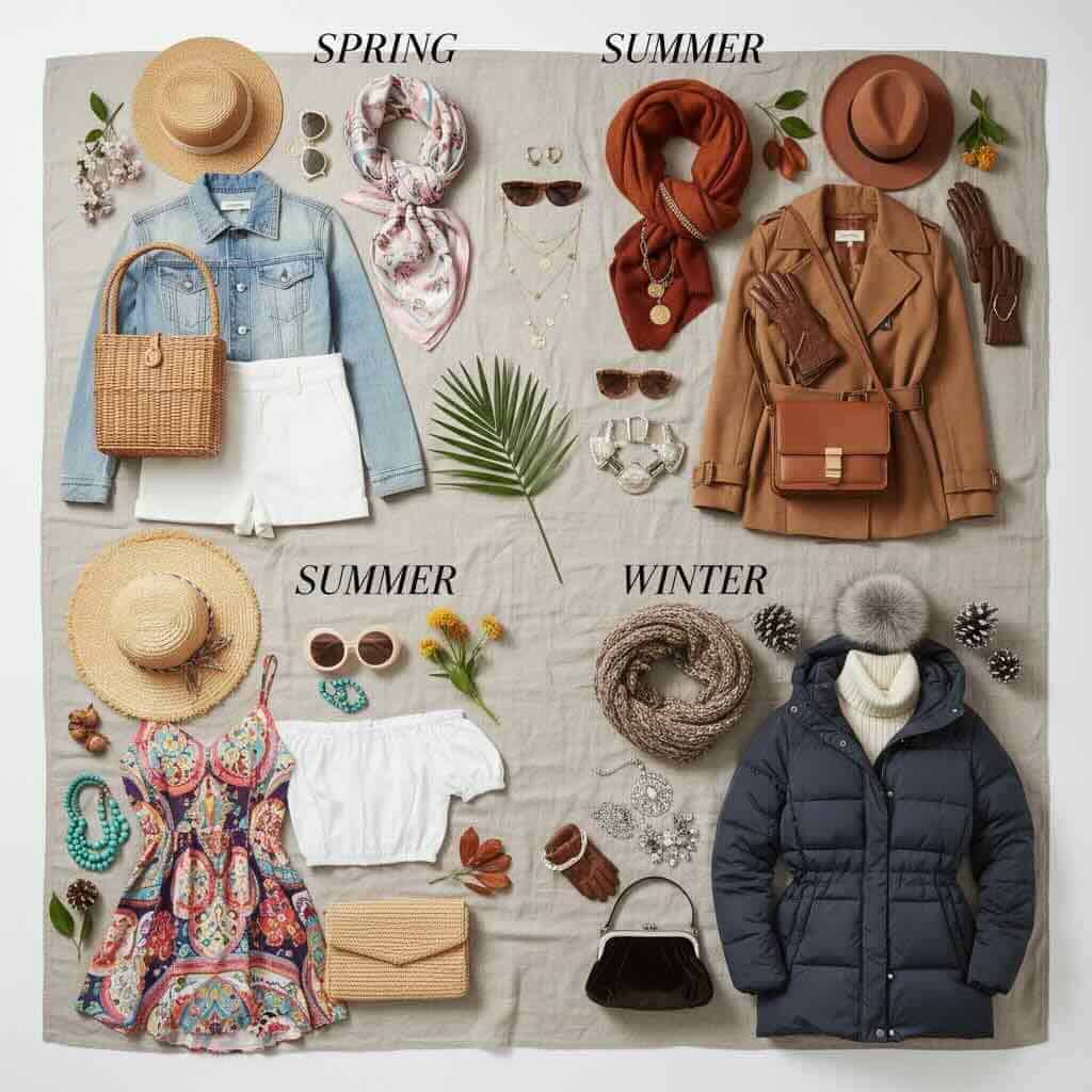 Stylish summer outfits with scarves, hats, sunglasses, and jewelry for warm weather.