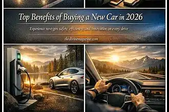 Modern new car driving on scenic road with advanced dashboard features.