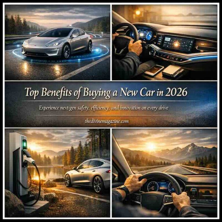 Modern new car driving on scenic road with advanced dashboard features.