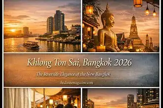 Beautiful sunset over Khlong Ton Sai district in Bangkok, showcasing riverside attractions and vibra.