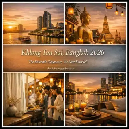 Beautiful sunset over Khlong Ton Sai district in Bangkok, showcasing riverside attractions and vibra.
