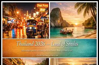 Vibrant street scene and serene beach in Thailand for holiday adventures.
