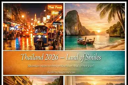Vibrant street scene and serene beach in Thailand for holiday adventures.