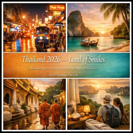 Vibrant street scene and serene beach in Thailand for holiday adventures.