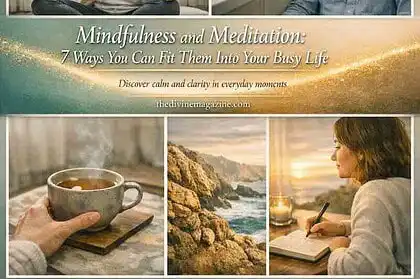Woman meditating indoors, man on train, tea, nature, woman writing, promoting mindfulness.