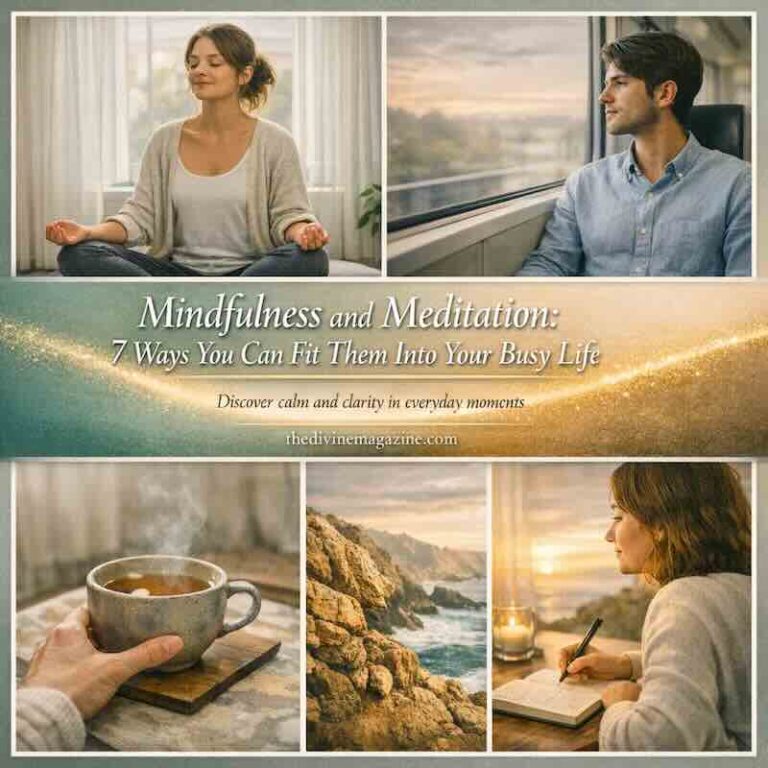 Woman meditating indoors, man on train, tea, nature, woman writing, promoting mindfulness.