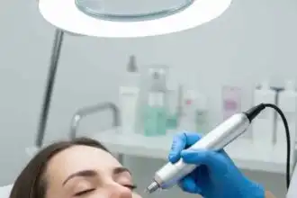 Skincare expert performs a non-invasive facial treatment on young woman in clinic, promoting clear, radiant skin.