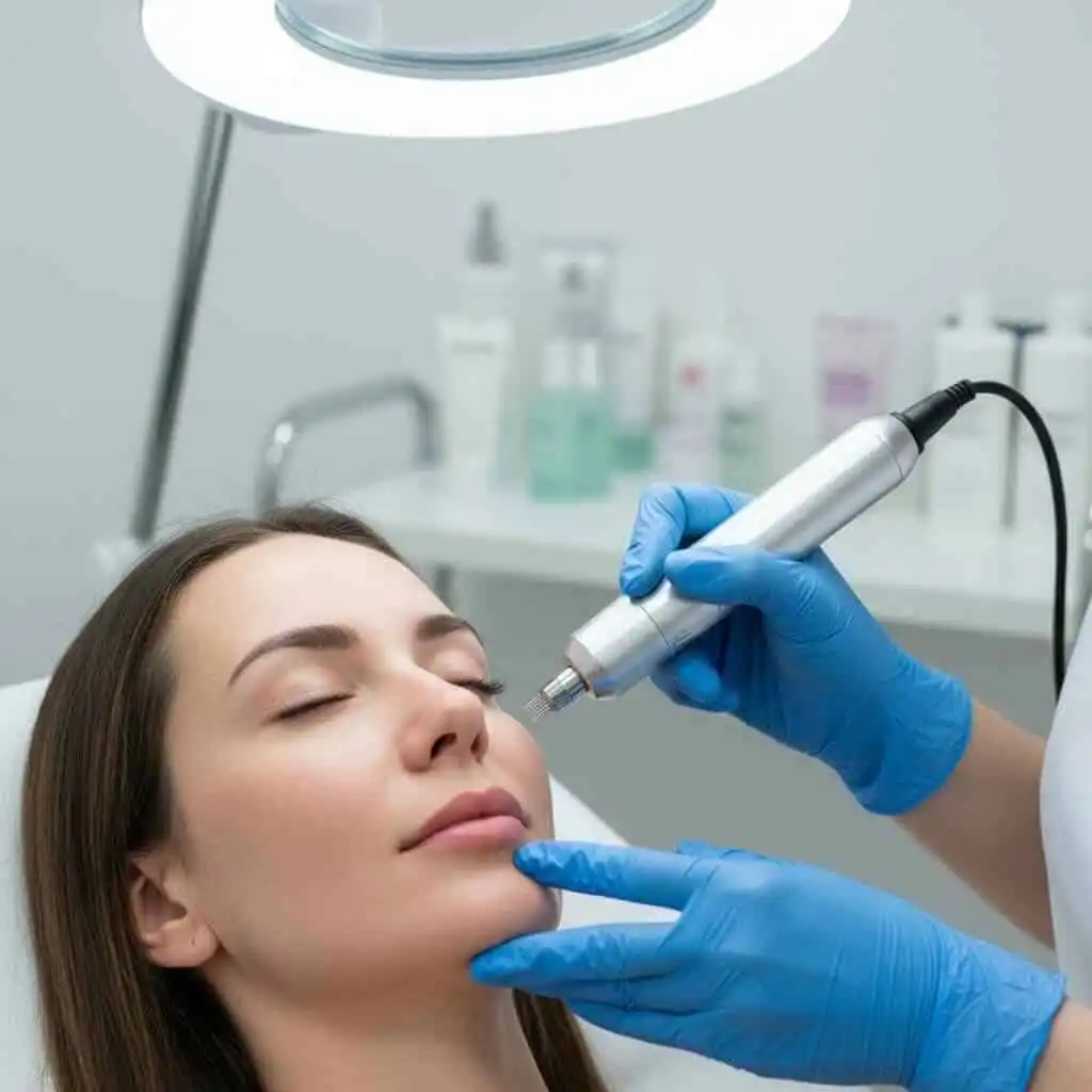 Skincare expert performs a non-invasive facial treatment on young woman in clinic, promoting clear, radiant skin.