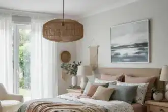 Bright and tranquil bedroom with soft pastel bedding, natural light, and modern minimalist design.