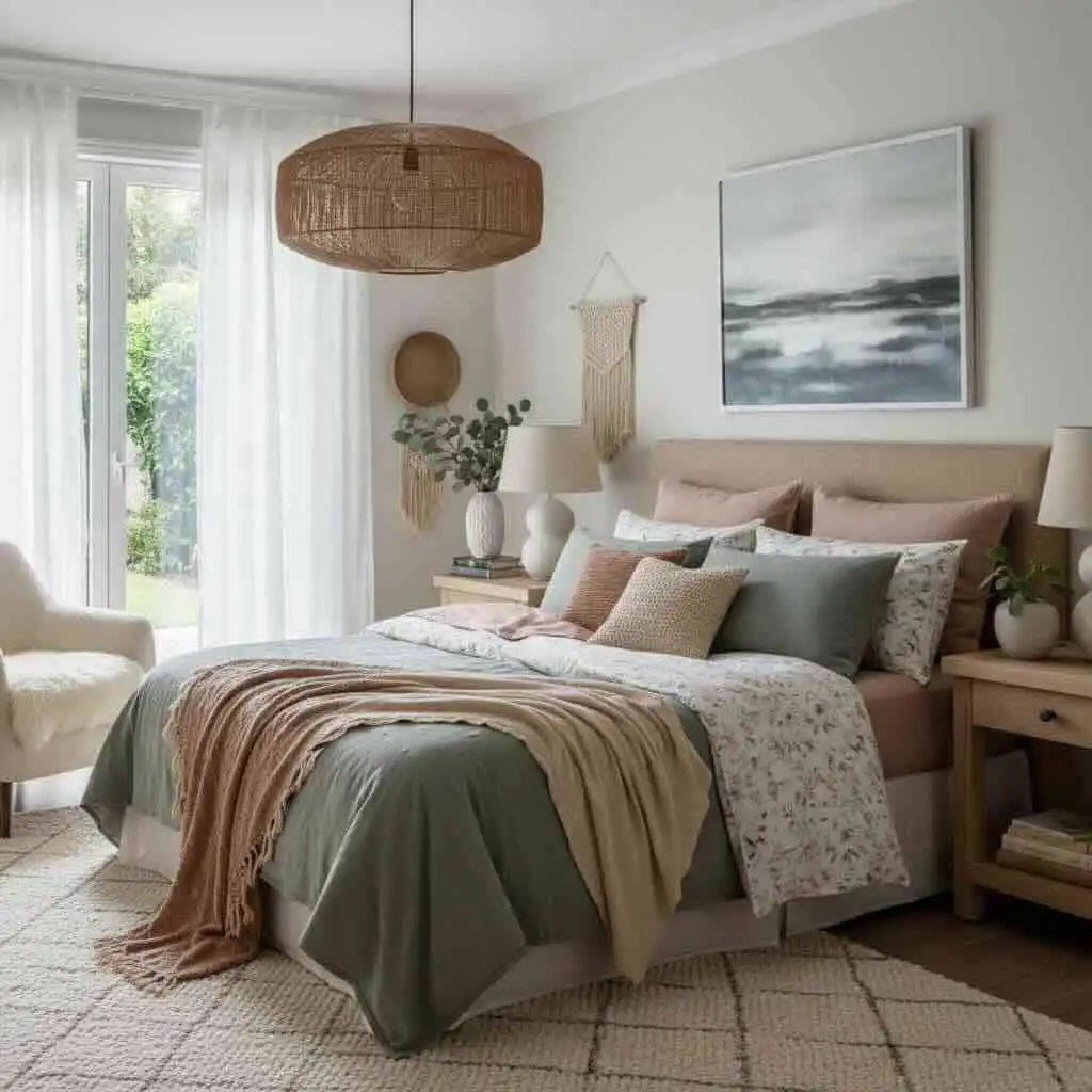 Bright and tranquil bedroom with soft pastel bedding, natural light, and modern minimalist design.