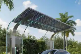 Electric car charging station with solar panels, eco-friendly transportation, renewable energy, green mobility, sustainable tech.